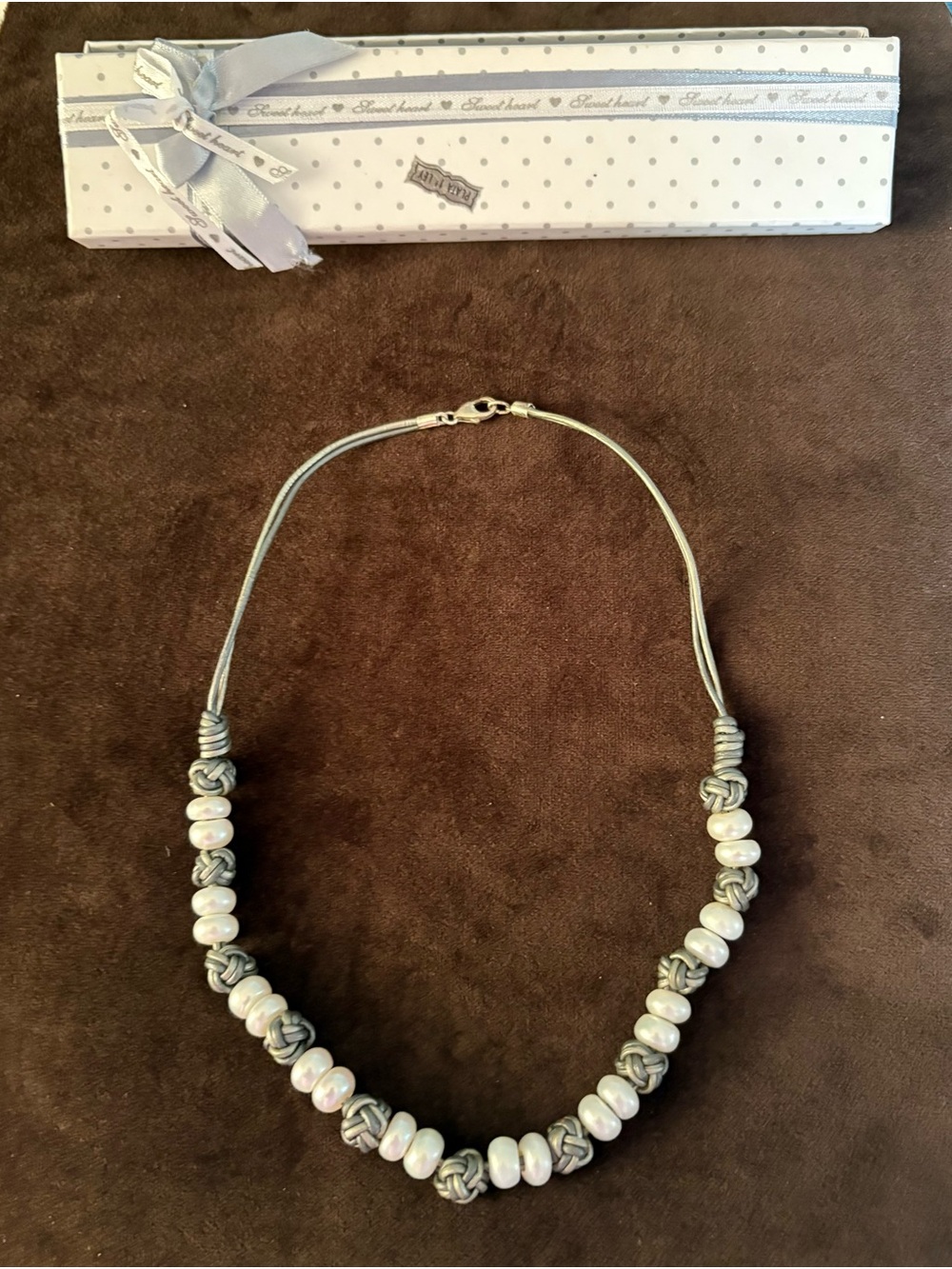 Handmade Pearl and Cord Necklace in Cream and Gray -